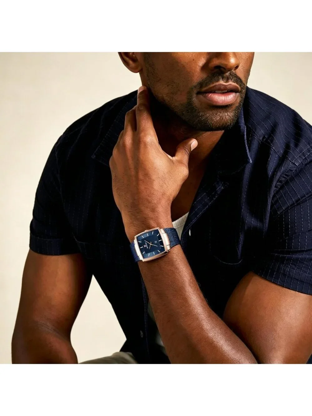 Men's Blue Gold Square Analog Quartz Stainless Steel Mesh Strap Wrist Watch